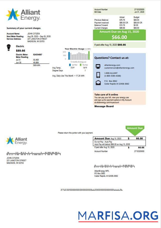 Realistic USA Wisconsin Alliant Energy electricity utility bill template in Word and PDF format